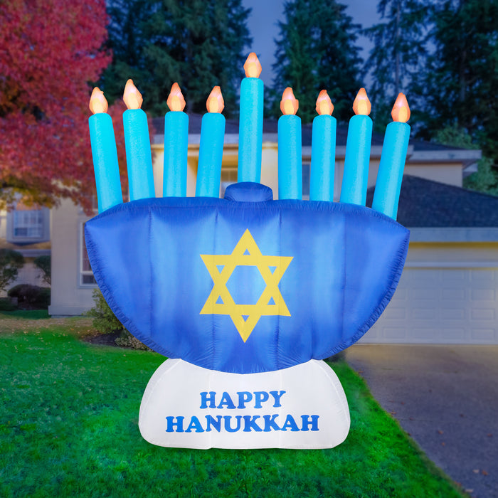 8ft Tall Hanukkah Menorah Lawn Inflatable, Bright Lights, Built-in Fan, and Included Stakes and Ropes