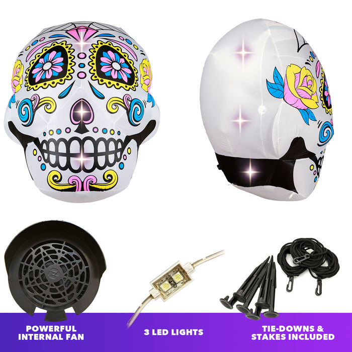 6ft Tall Halloween Sugar Skull Lawn Inflatable, Bright Lights, Built-in Fan, and Included Stakes and Ropes