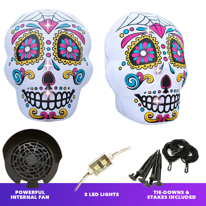 4ft Tall Halloween Sugar Skull Lawn Inflatable, Bright Lights, Built-in Fan, and Included Stakes and Ropes
