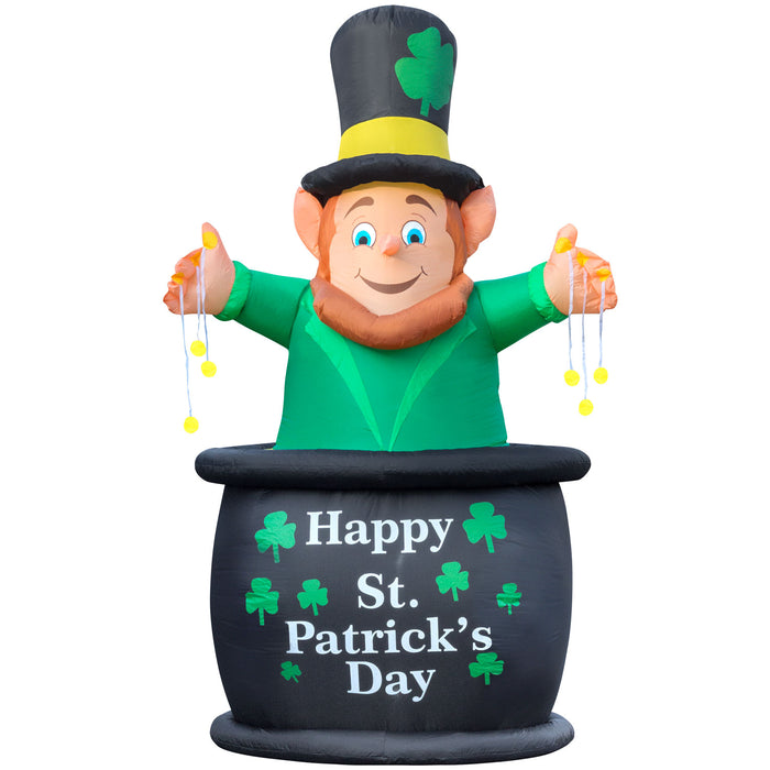 9ft Tall St. Patrick's Day Leprachaun in Pot of Gold Lawn Inflatable, Bright Lights, Built-in Fan, and Included Stakes and Ropes