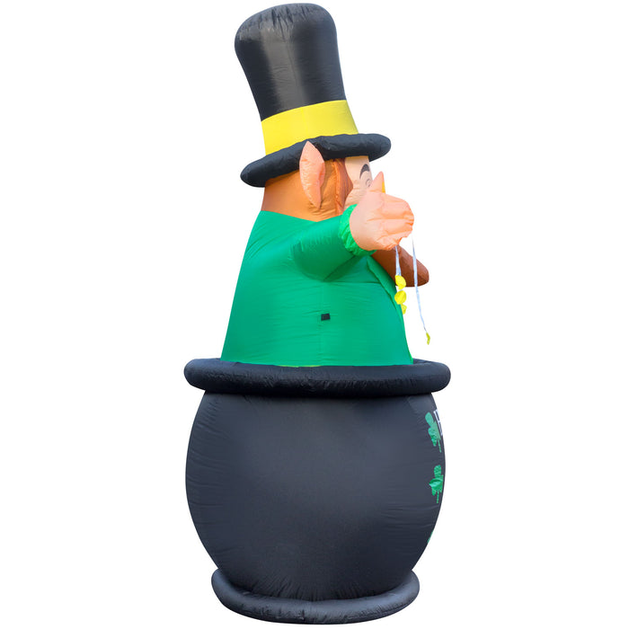 9ft Tall St. Patrick's Day Leprachaun in Pot of Gold Lawn Inflatable, Bright Lights, Built-in Fan, and Included Stakes and Ropes