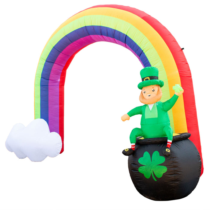 8ft Tall St. Patrick's Day Leprachaun Rainbow Pot of Gold Lawn Inflatable, Bright Lights, Built-in Fan, and Included Stakes and Ropes