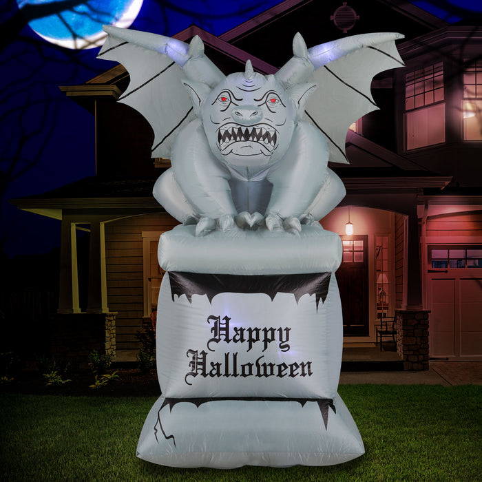 8ft Tall Halloween Perched Stone Gargoyle Lawn Inflatable, Bright Lights, Built-in Fan, and Included Stakes and Ropes