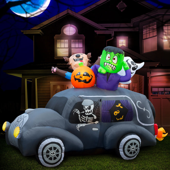 5ft 6in Tall Halloween Monster Hearse Lawn Inflatable, Bright Lights, Built-in Fan, and Included Stakes and Ropes