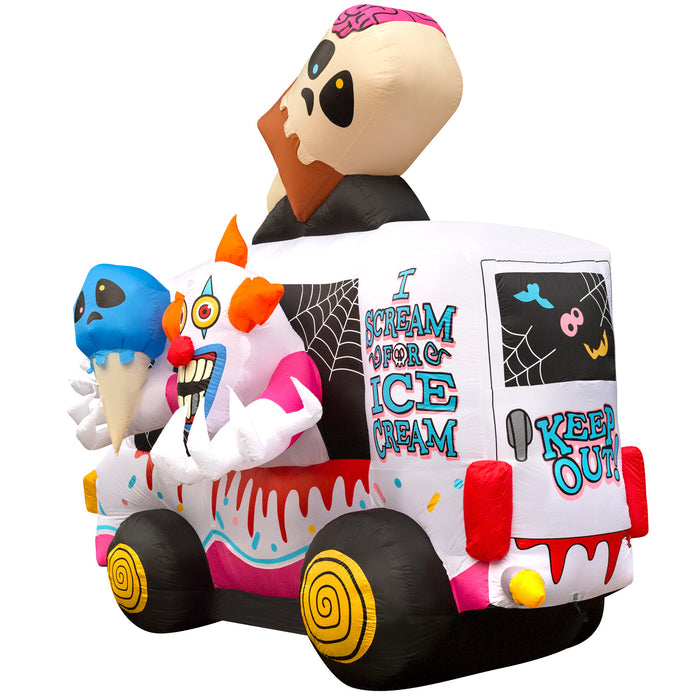 8ft Tall Halloween Creepy Clown Ice Cream Truck Lawn Inflatable, Bright Lights, Built-in Fan, and Included Stakes and Ropes