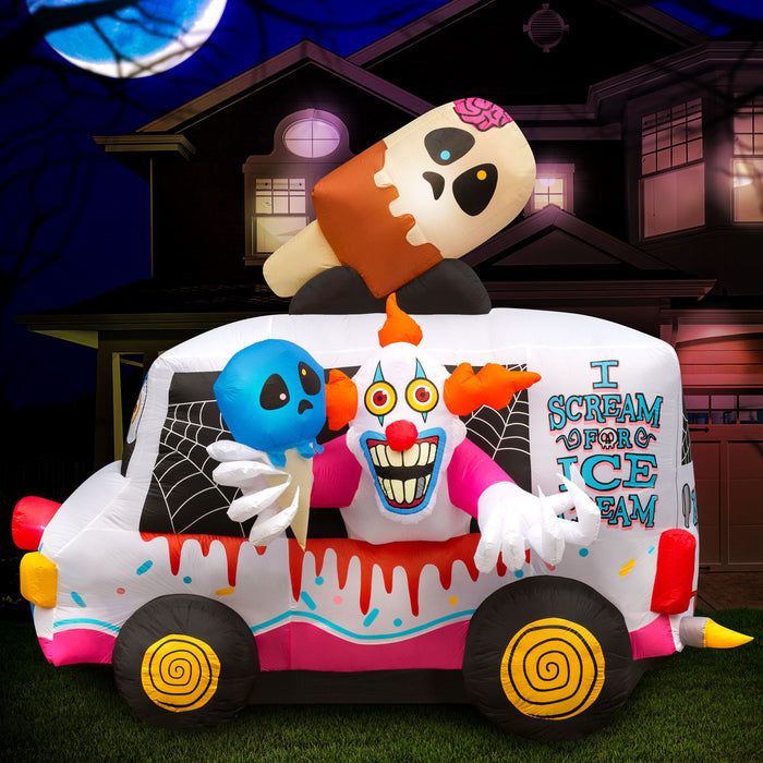 8ft Tall Halloween Creepy Clown Ice Cream Truck Lawn Inflatable, Bright Lights, Built-in Fan, and Included Stakes and Ropes