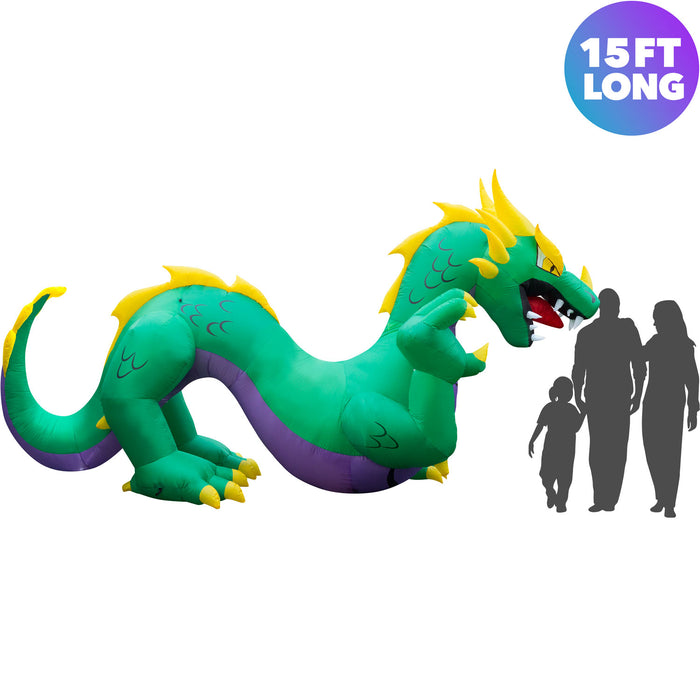 15ft Long Halloween Serpent Dragon Lawn Inflatable, Bright Lights, Built-in Fan, and Included Stakes and Ropes