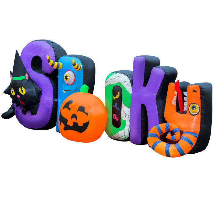 9ft Long Halloween "Spooky" Sign Lawn Inflatable, Bright Lights, Built-in Fan, and Included Stakes and Ropes