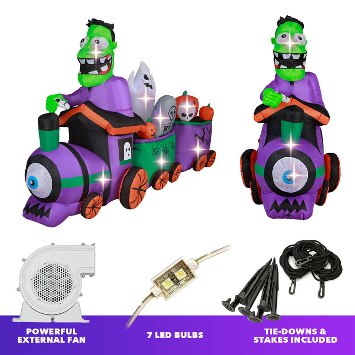 10ft Tall Halloween Graveyard Train Lawn Inflatable, Bright Lights, Built-in Fan, and Included Stakes and Ropes