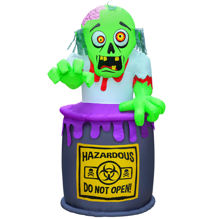 5ft Tall Halloween Zombie Barrel Lawn Inflatable, Bright Lights, Built-in Fan, and Included Stakes and Ropes