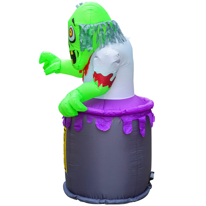 5ft Tall Halloween Zombie Barrel Lawn Inflatable, Bright Lights, Built-in Fan, and Included Stakes and Ropes