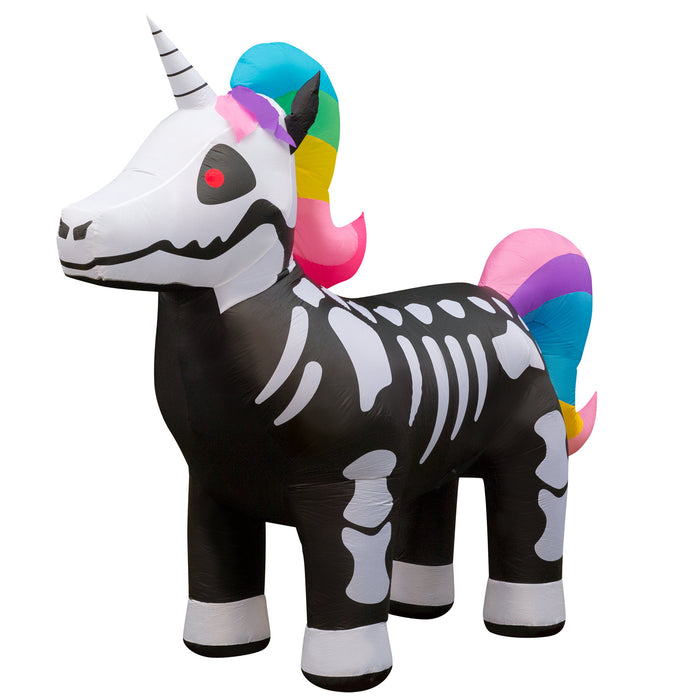 8ft Tall Halloween Skeleton Unicorn Lawn Inflatable, Bright Lights, Built-in Fan, and Included Stakes and Ropes