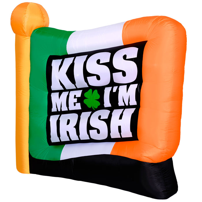 6ft Tall Saint Patrick's Day "Kiss Me I'm Irish" Flag Lawn Inflatable, Bright Lights, Built-in Fan, and Included Stakes and Ropes