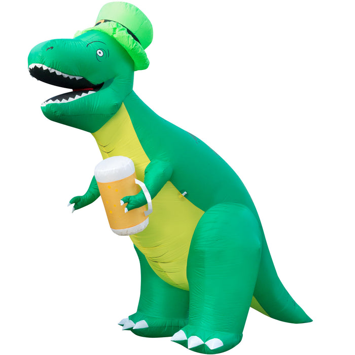 8ft Tall St. Patrick's Day Leprachaun T-rex with Beer Lawn Inflatable, Bright Lights, Built-in Fan, and Included Stakes and Ropes