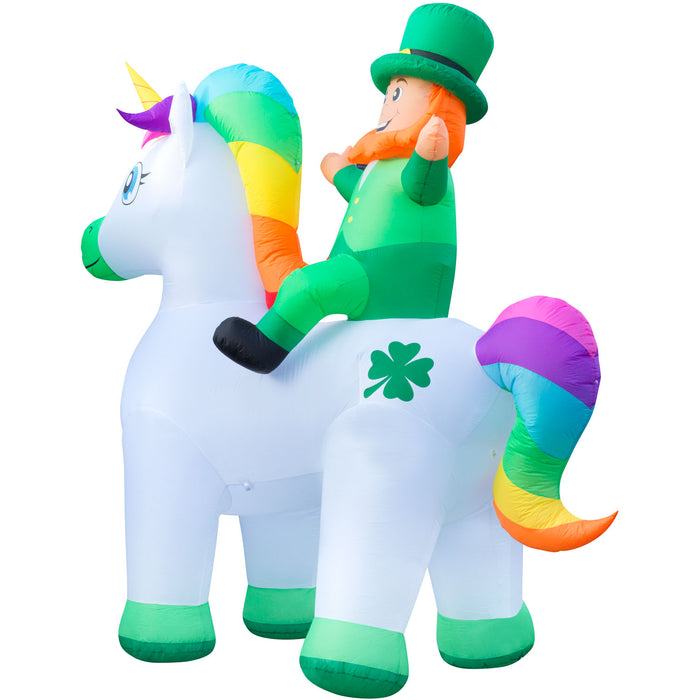 9ft Tall St. Patrick's Day Leprachaun Riding Unicorn Lawn Inflatable, Bright Lights, Built-in Fan, and Included Stakes and Ropes