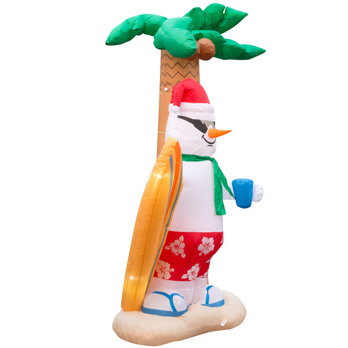 8ft Tall Christmas Surfing Snowman Lawn Inflatable, Bright Lights, Built-in Fan, and Included Stakes and Ropes