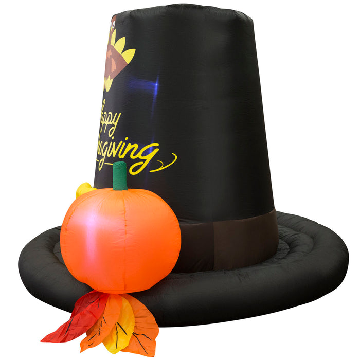 6ft Tall Thanksgiving Pilgrim Hat Lawn Inflatable, Bright Lights, Built-in Fan, and Included Stakes and Ropes
