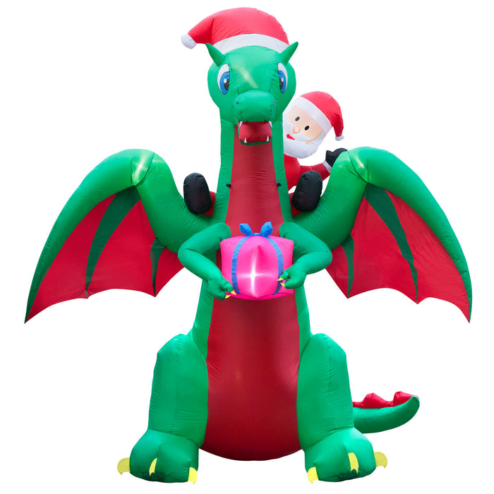 9ft Tall Christmas Santa Riding Dragon Lawn Inflatable, Bright Lights, Built-in Fan, and Included Stakes and Ropes