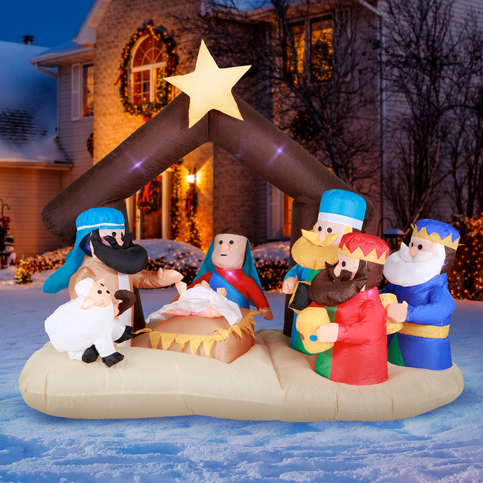 6ft 6in Wide Christmas Nativity Scene Lawn Inflatable, Bright Lights, Built-in Fan, and Included Stakes and Ropes