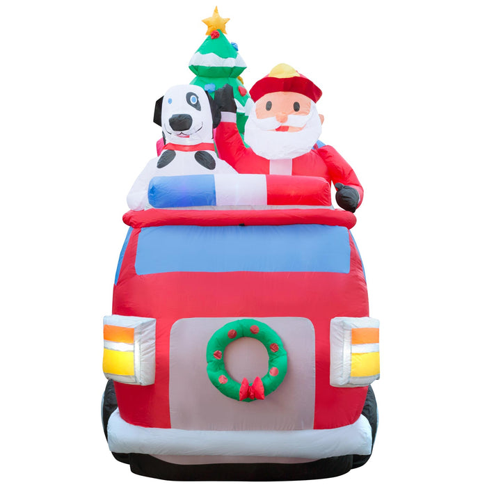 6ft 6in Tall Christmas Santa Fire Truck Lawn Inflatable, Bright Lights, Built-in Fan, and Included Stakes and Ropes