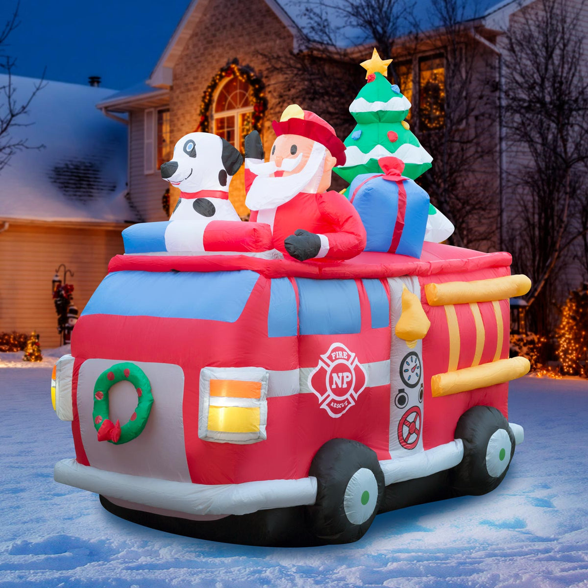6ft 6in Tall Christmas Santa Fire Truck Lawn Inflatable, Bright Lights