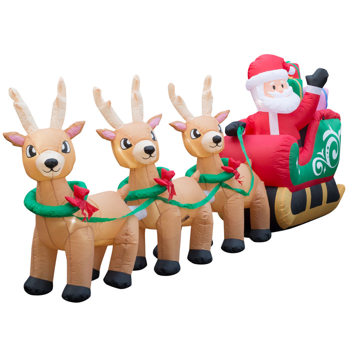 12ft Long Christmas Reindeer Santa Sleigh Lawn Inflatable, Bright Lights, Built-in Fan, and Included Stakes and Ropes