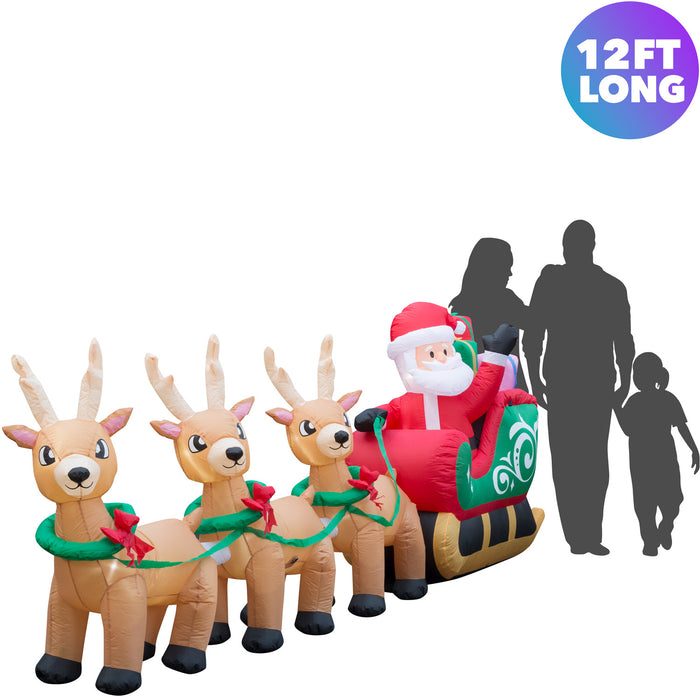 12ft Long Christmas Reindeer Santa Sleigh Lawn Inflatable, Bright Lights, Built-in Fan, and Included Stakes and Ropes