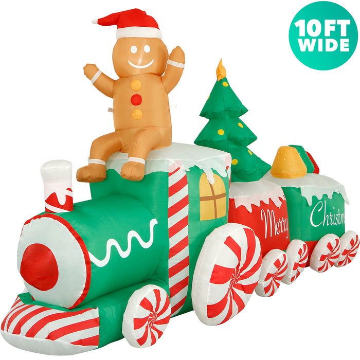 10ft Long Christmas Gingerbread Train Lawn Inflatable, Bright Lights, Built-in Fan, and Included Stakes and Ropes