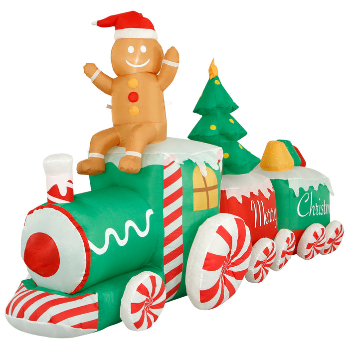 10ft Long Christmas Gingerbread Train Lawn Inflatable, Bright Lights, Built-in Fan, and Included Stakes and Ropes