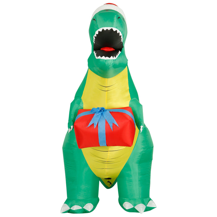 8ft Tall Christmas T-rex with Present Lawn Inflatable, Bright Lights, Built-in Fan, and Included Stakes and Ropes