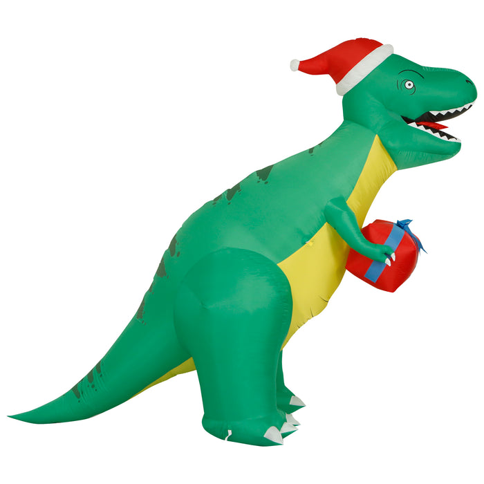 8ft Tall Christmas T-rex with Present Lawn Inflatable, Bright Lights, Built-in Fan, and Included Stakes and Ropes