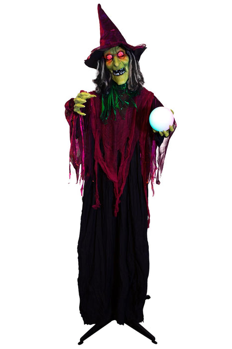 5ft 5in Tall Halloween Animated Fortune Telling Witch Animatronic, Touch and Sound Activated, Built-in Lights, and Spooky Sound FX