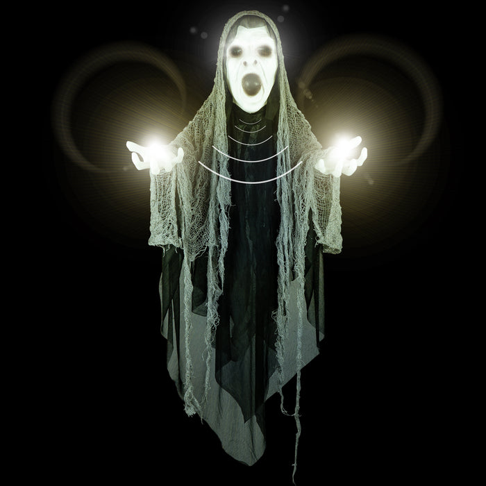 3ft 9in Tall Halloween Animated Hanging Floating Ghost Animatronic, Touch and Sound Activated, Built-in Lights, and Spooky Sound FX